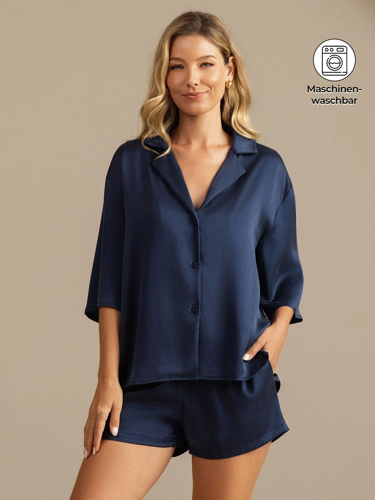 [Dunkelblau] SilkSilky-DE 19Momme Reine Seide Umlegekragen Damen Pyjamas 001