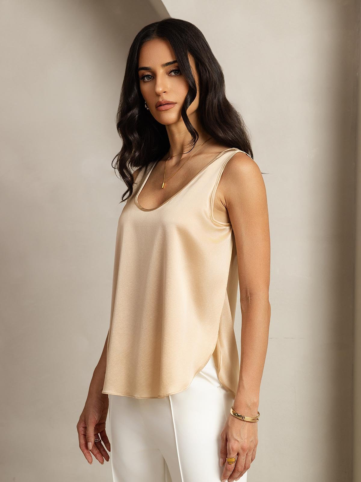 [Champagner] SilkSilky-DE 19Momme Seide U Ausschnitt T-Shirt 001