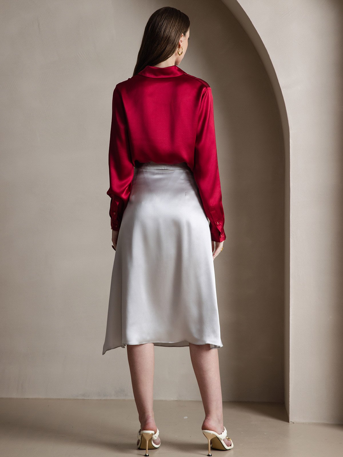 [Rotwein] SilkSilky-DE 19Momme Seide Langärmelig Umlegekragen Damenhemd 004