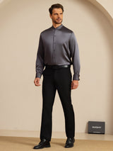 [Dunkelgrau] SilkSilky-DE Long Sleeve Stand Collar Herrenhemd 008
