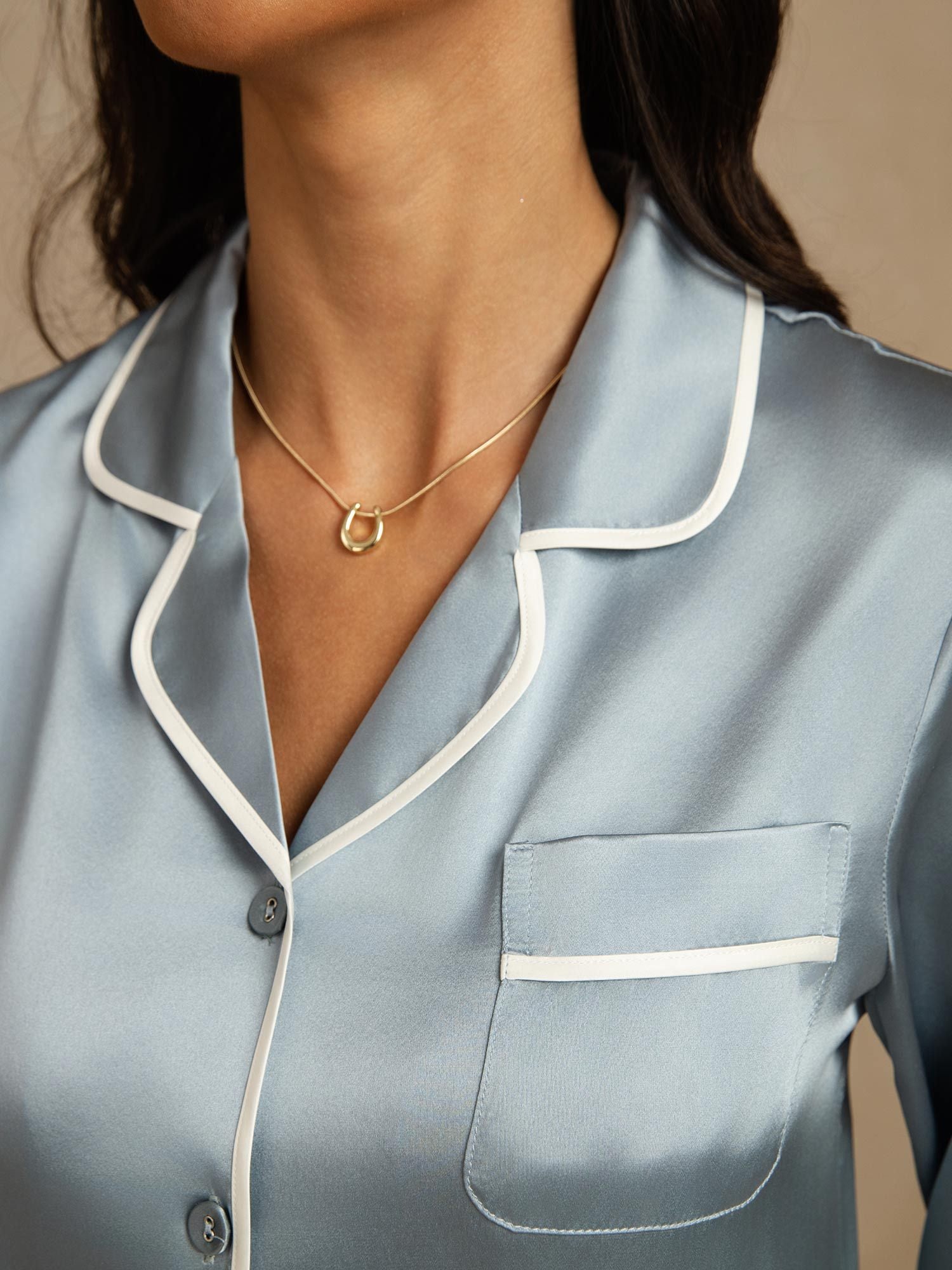 [Graublau] SilkSilky-DE Reine Seide Umlegekragen Damen Pyjamas 004