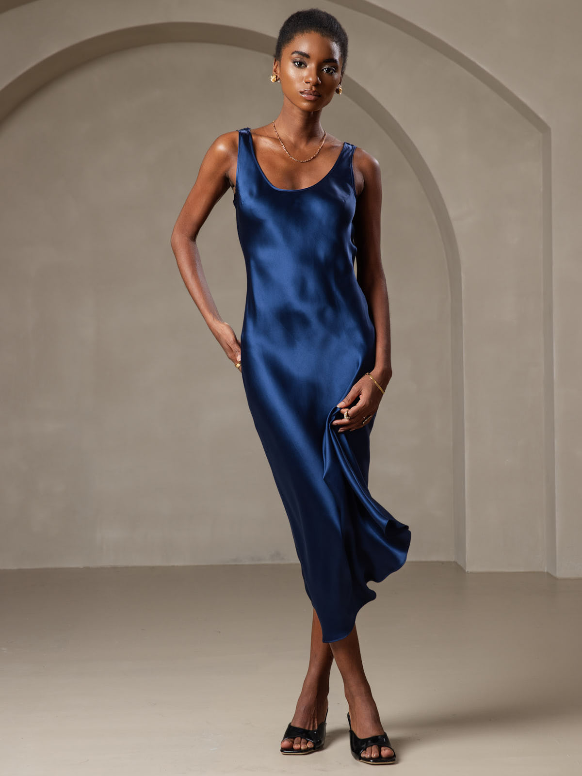 [Dunkelblau] SilkSilky-DE Reine Seide Dress 005