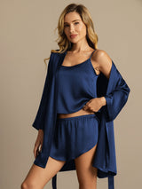 [Dunkelblau] SilkSilky-DE 3/4 Sleeve Tiefer Rundhalsausschnitt Damen Pyjamas 001