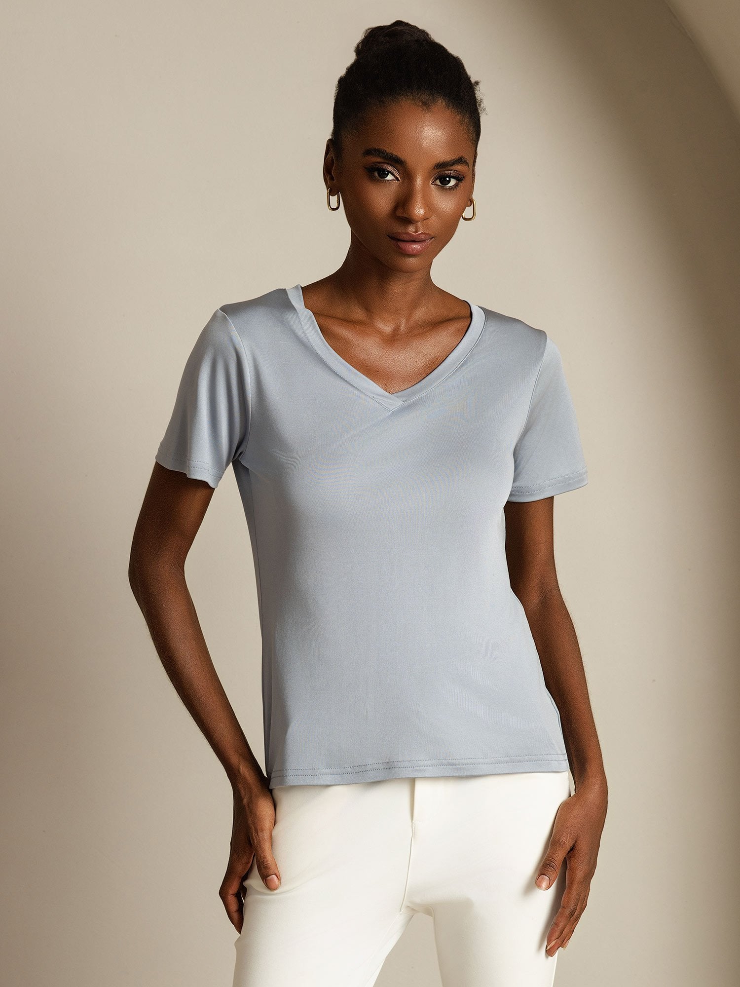 [Hellgrau] SilkSilky-DE Reine Seide V Ausschnitt T-Shirt 003