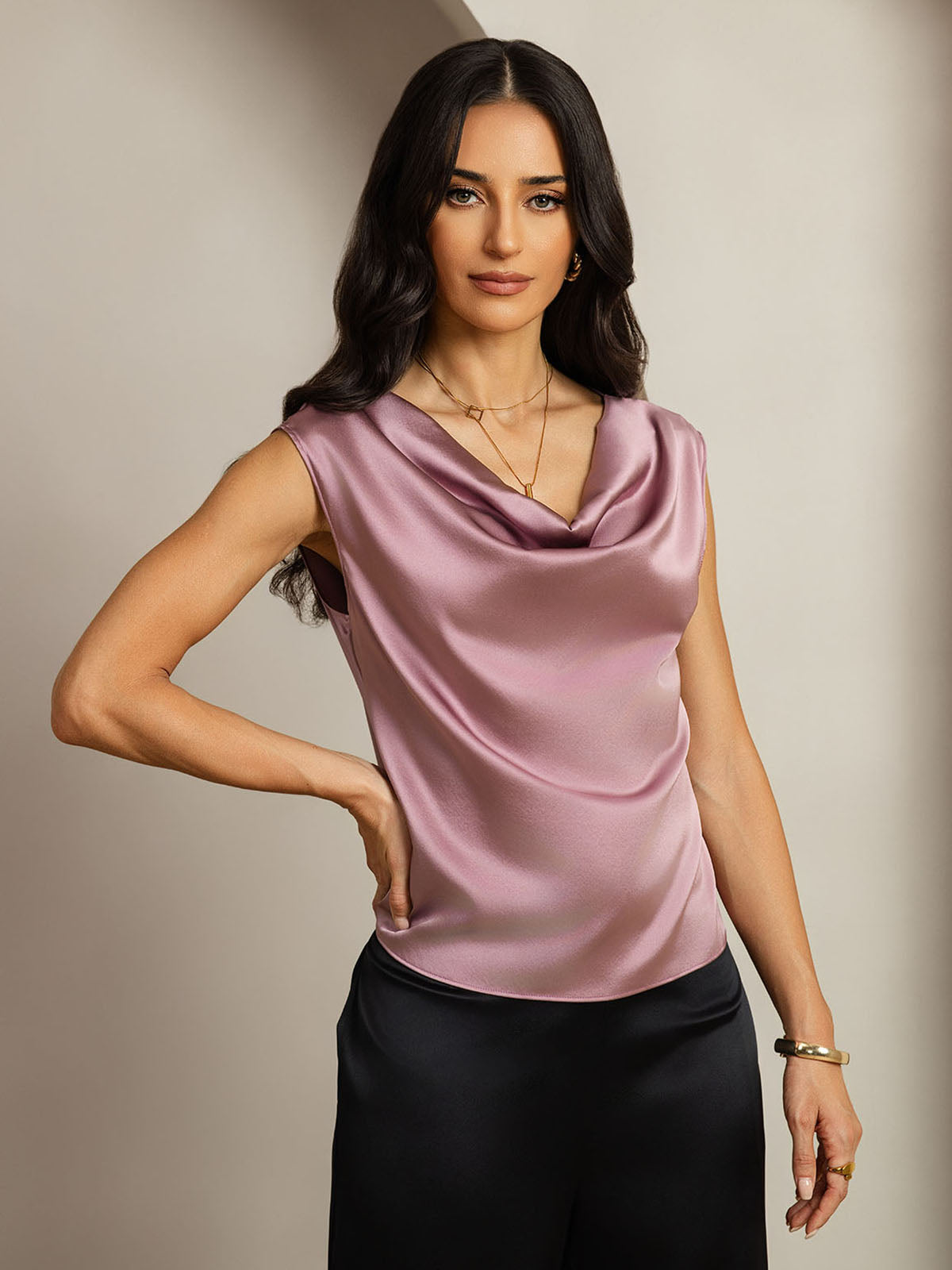 [Blasses Mauve] SilkSilky-DE 19Momme Seide Ärmellos Wasserfallausschnitt T-Shirt 001