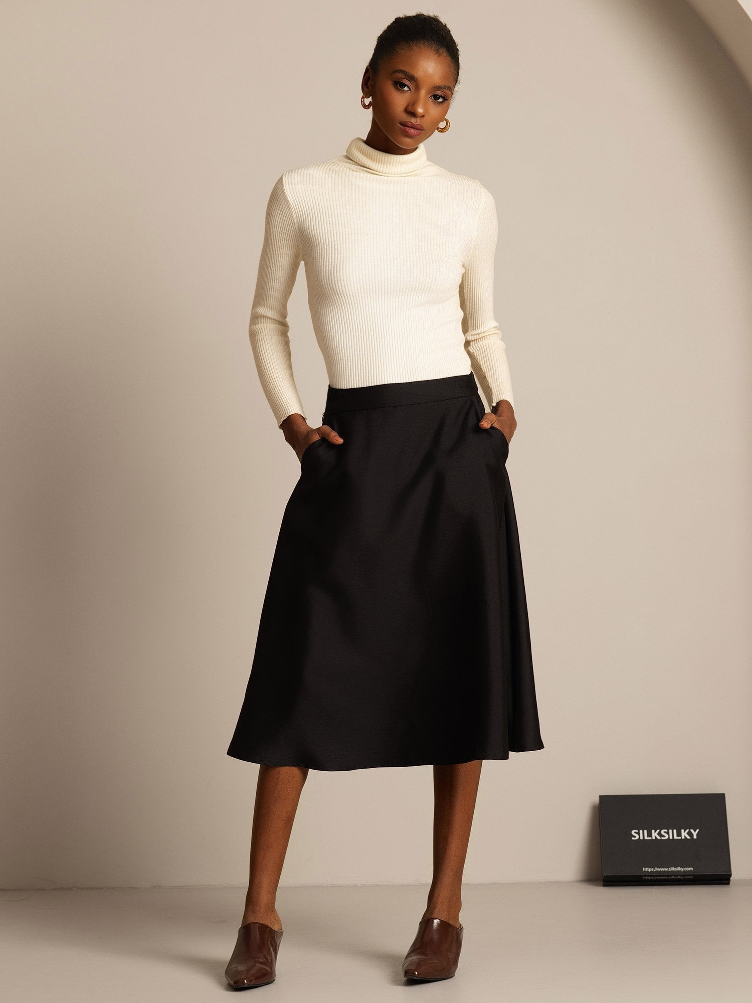 [Schwarz] SilkSilky-DE 32Momme Silk-Wool Blend Skirt 005,