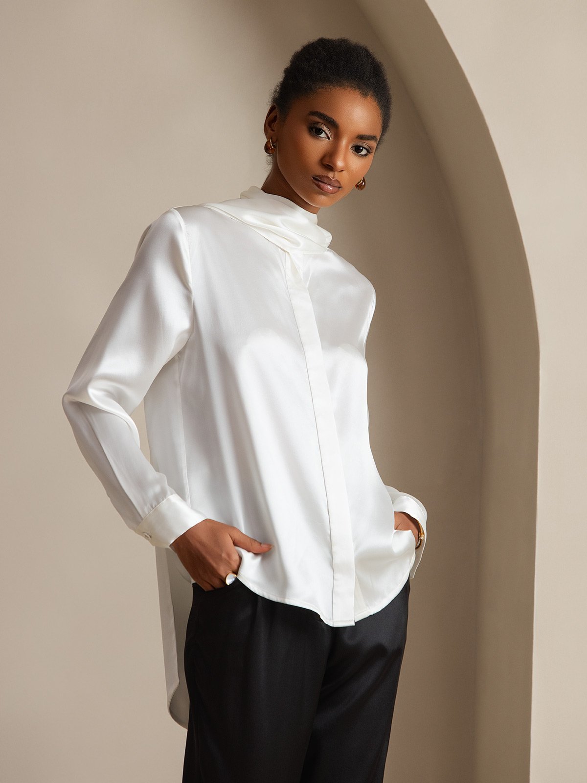 [Weiß] SilkSilky-DE 19Momme Seide Womens Shirt 005