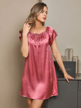 [Blasses Mauve] SilkSilky-DE Kappenärmel Eckiger Ausschnitt Nachthemden 001