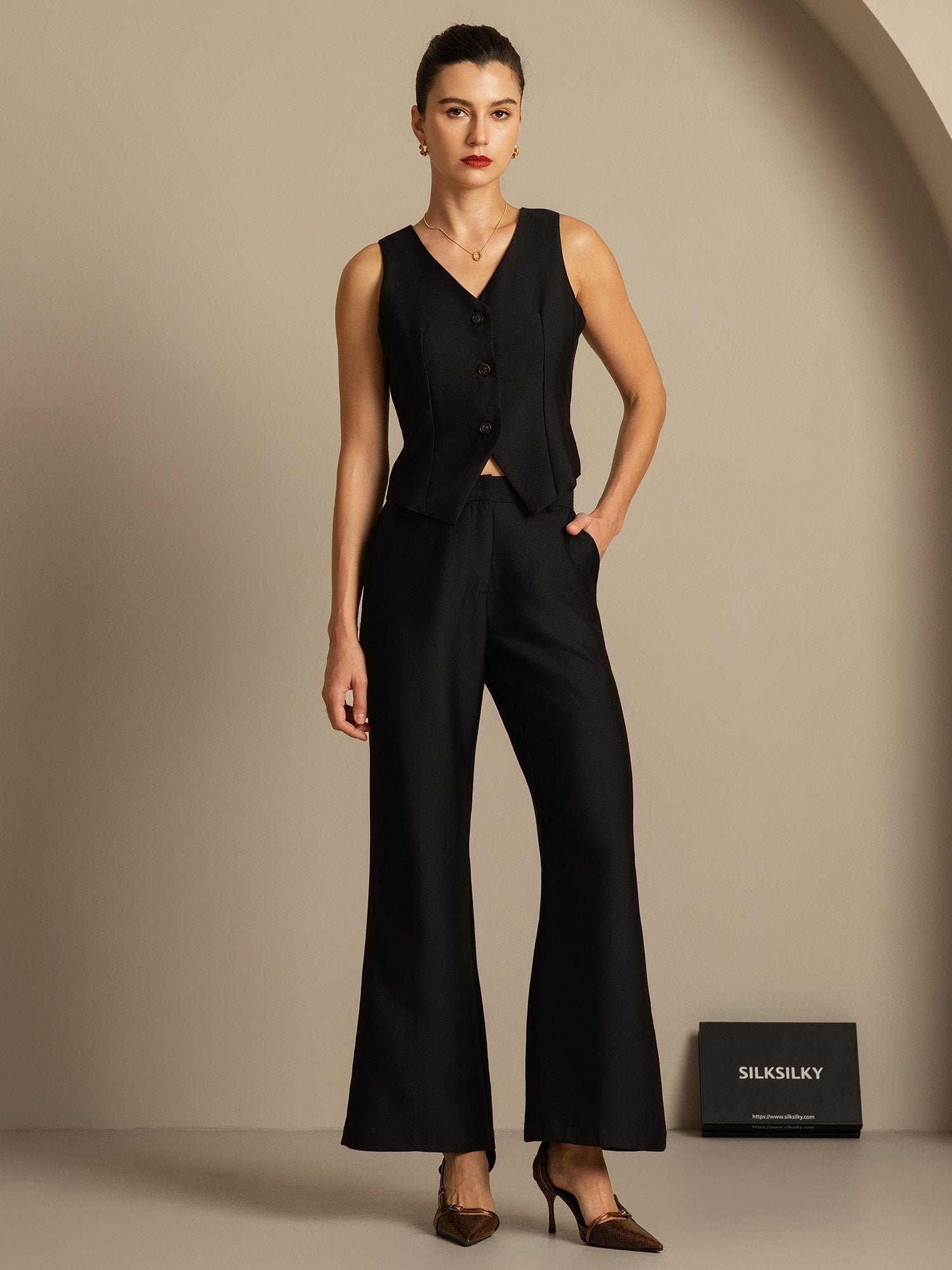 [Schwarz] SilkSilky-DE 32Momme Silk-Wool Blend Womens Pants 004,