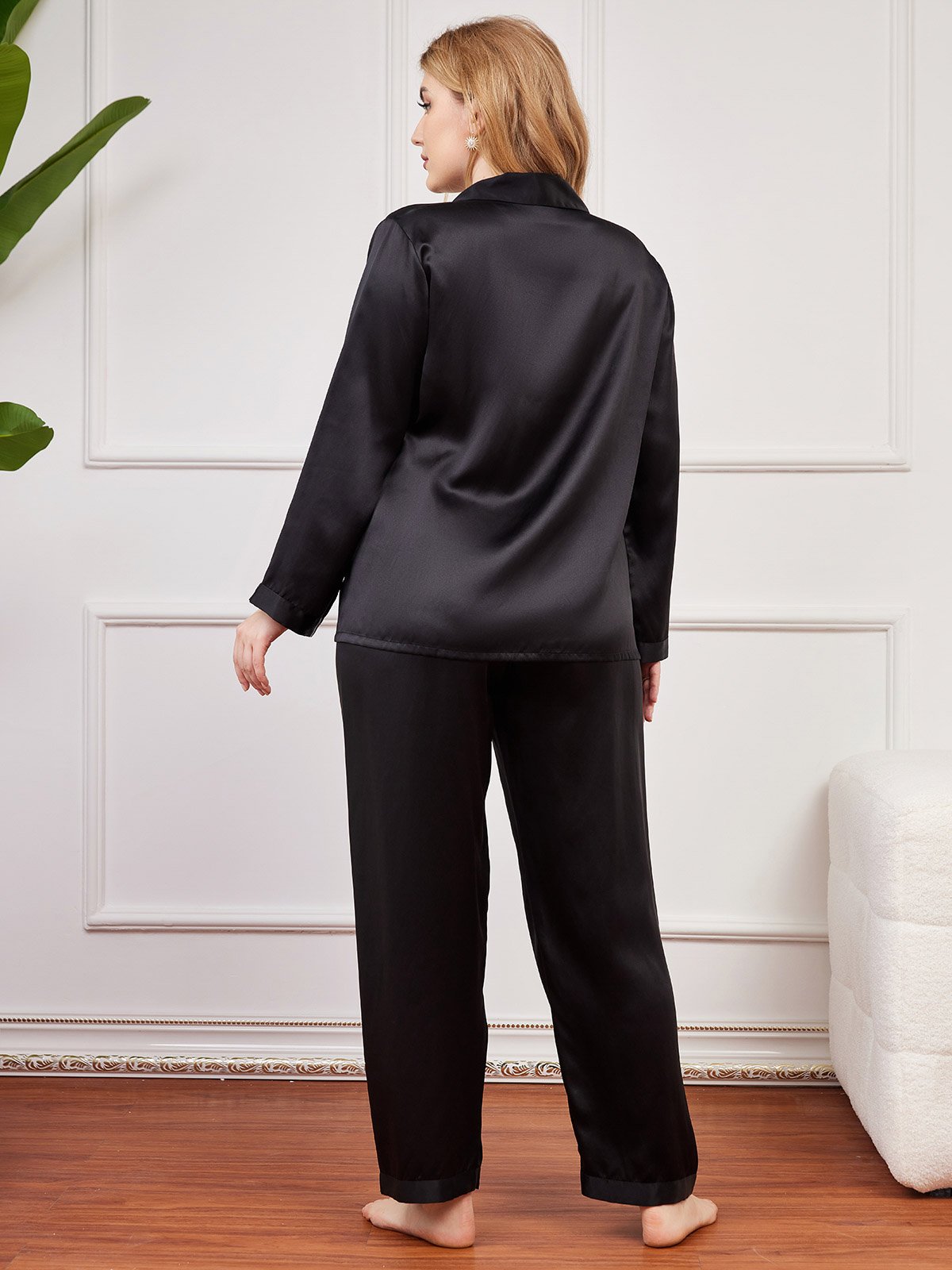 [Schwarz] SilkSilky-DE Reine Seide Langärmelig Revers Damen Pyjamas Große Größen 002