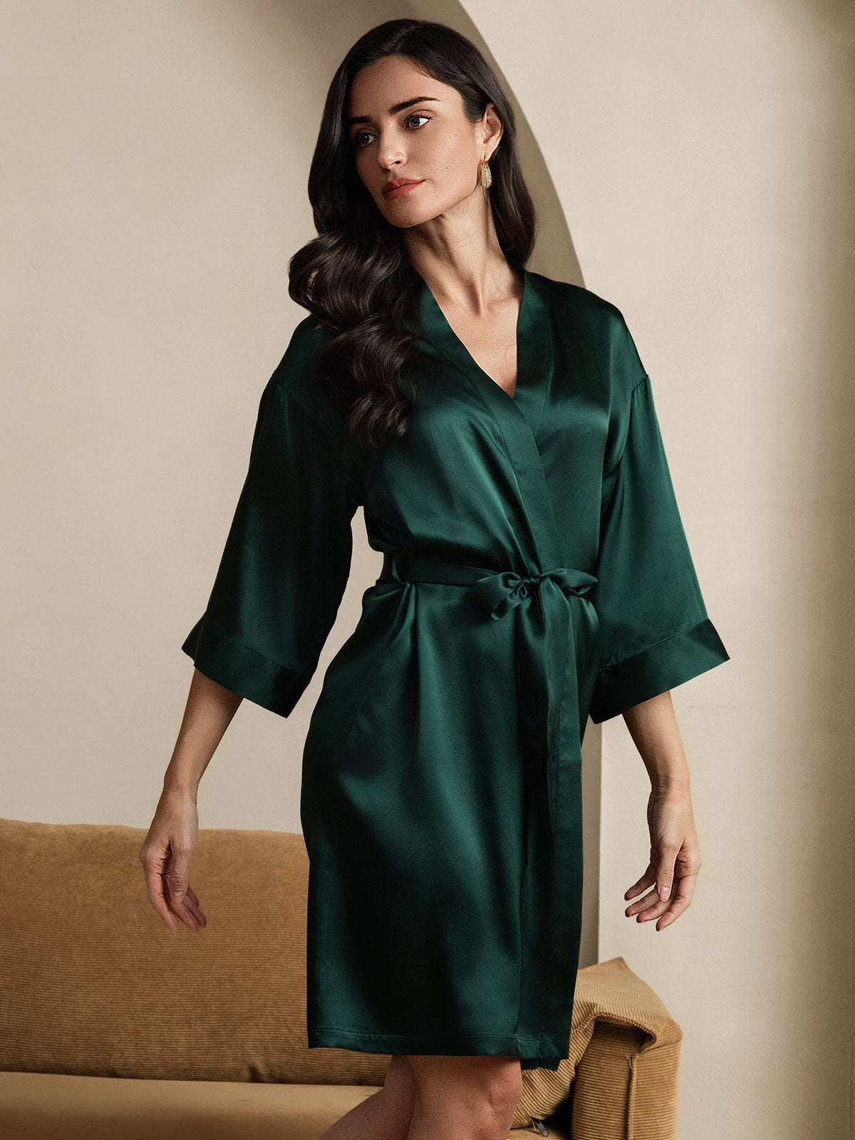 [Dunkelgrün] SilkSilky-DE Reine Seide Womens Robe 001