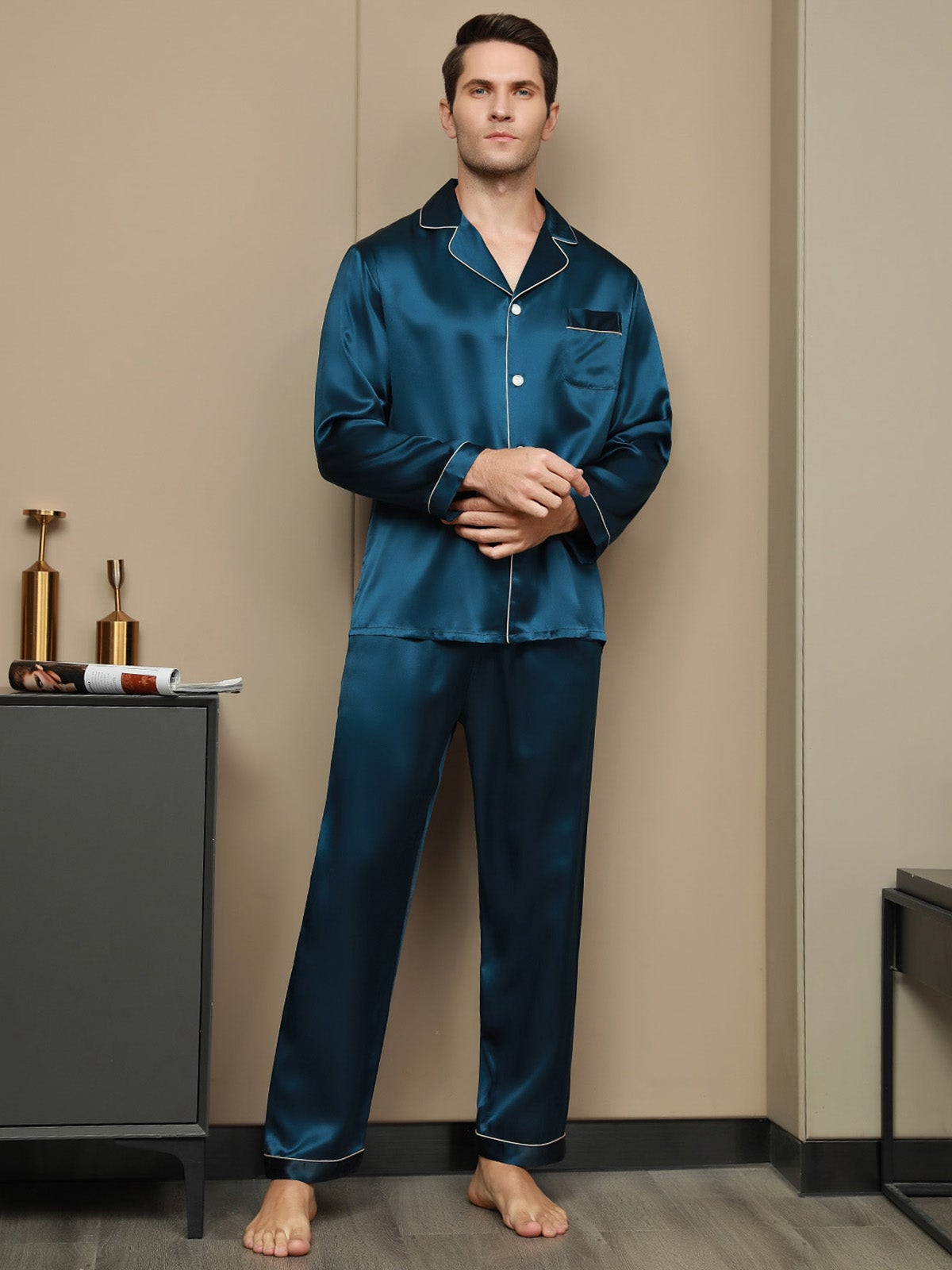 [König Blau] SilkSilky-DE 19Momme Reine Seide Mens Pajamas 001