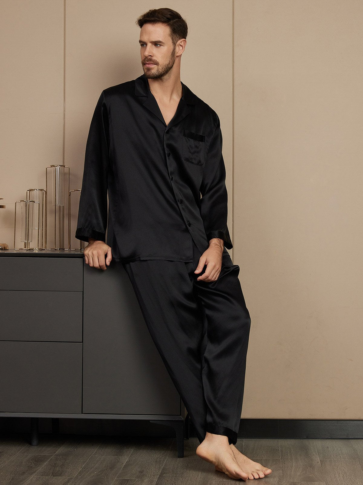 [Schwarz] SilkSilky-DE Reine Seide Mens Pajamas 004