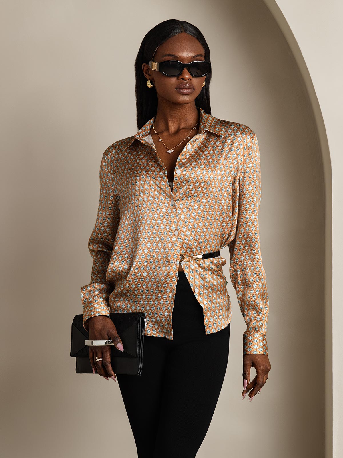 [Floral] SilkSilky-DE Seide Langärmelig Umlegekragen Damenhemd 006