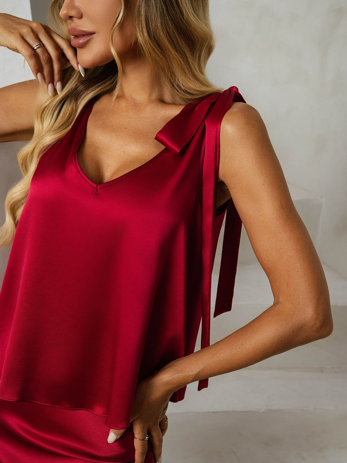[Rotwein] SilkSilky-DE 19Momme Seide V Ausschnitt Women''s Outfit Sets 003
