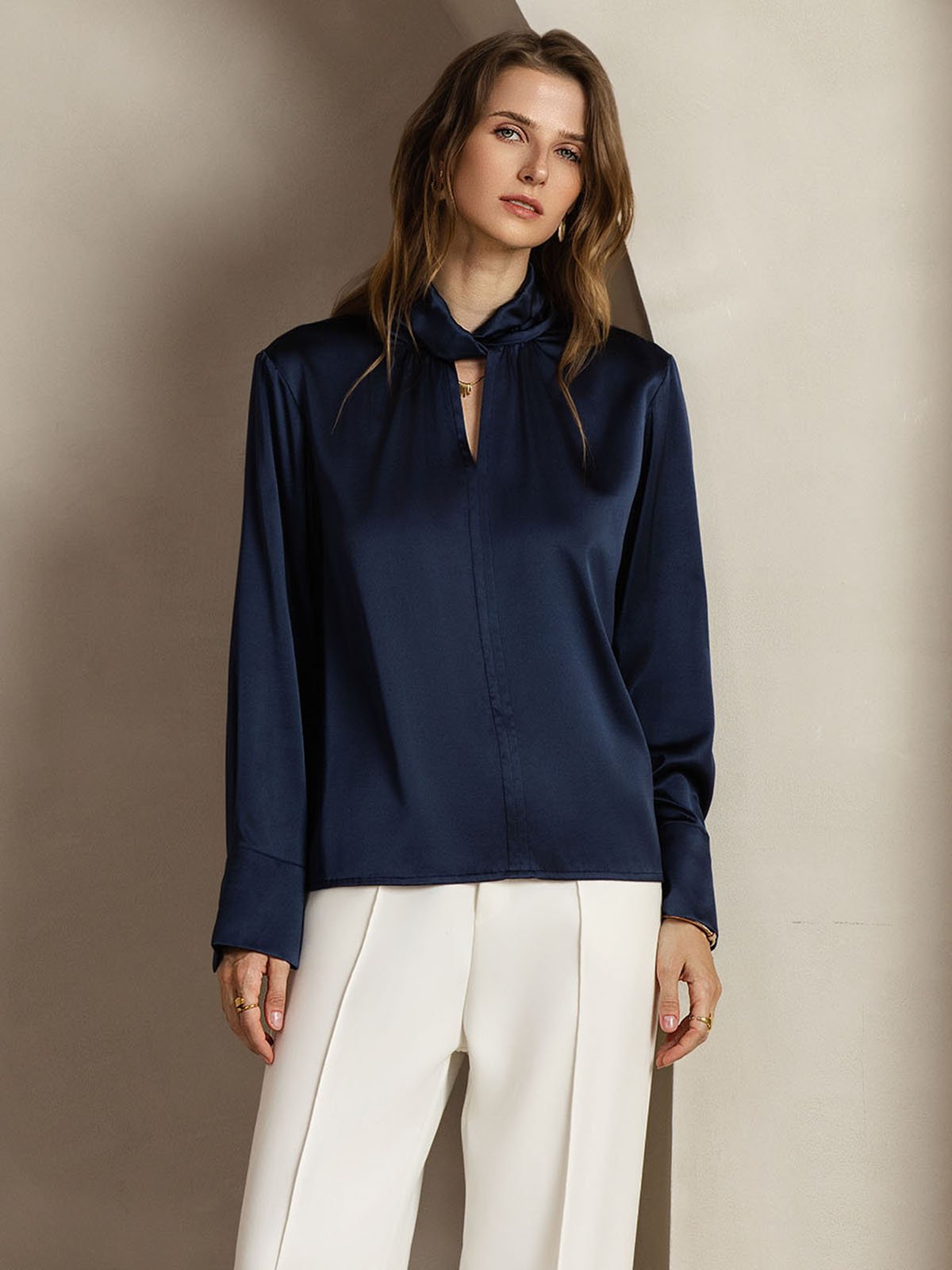 [Dunkelblau] SilkSilky-DE 19Momme Seide Womens Shirt 005