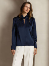 [Dunkelblau] SilkSilky-DE Long Sleeve Keyhole Neck Damenblusen 005