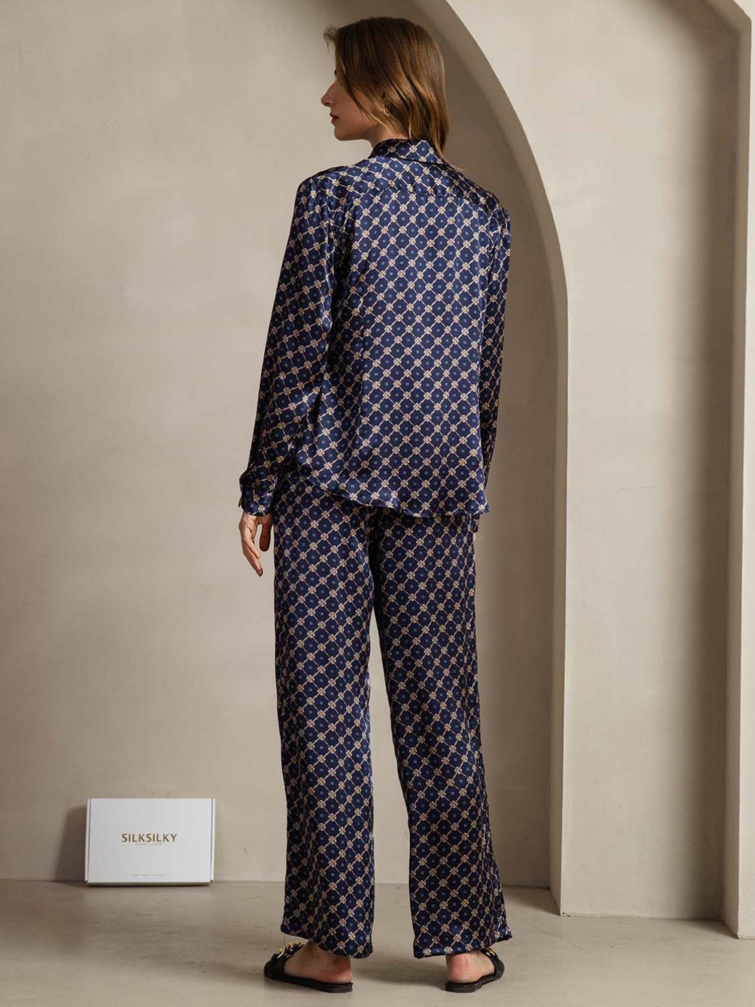 [Marine Kette] SilkSilky-DE 19Momme Seide Umlegekragen Women''s Outfit Sets 002