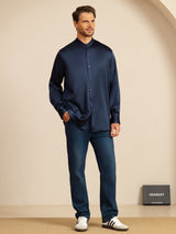 [Dunkelblau] SilkSilky-DE Long Sleeve Stand Collar Herrenhemd 008
