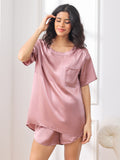 SilkSilky DE Reine Seide Kurzärmelig Rundkragen Damen Pyjamas BlassesMauve 003