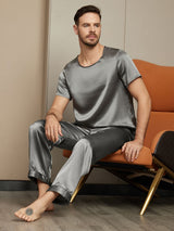 [Dunkelgrau] SilkSilky-DE Reine Seide Kurzärmelig Rundkragen Herren Pyjamas 004