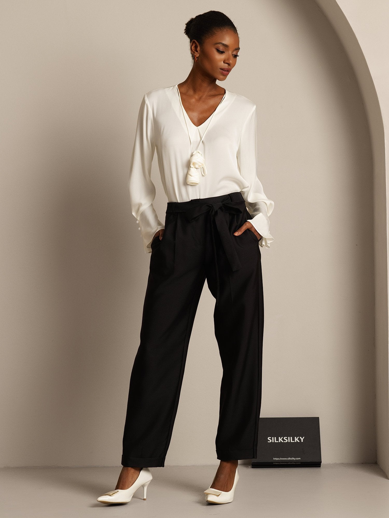 [Schwarz] SilkSilky-DE 32Momme Silk-Wool Blend Womens Pants 007,