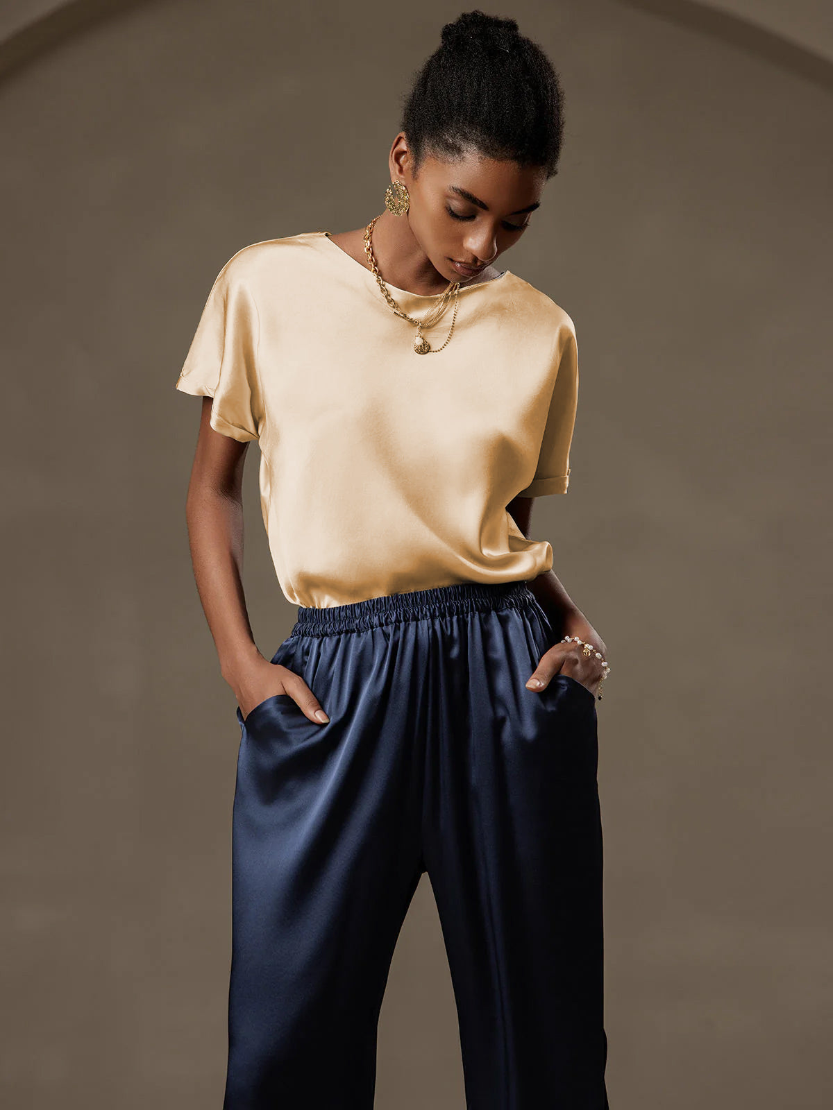 [Champagner] SilkSilky-DE 19Momme Seide Womens T-Shirt 003