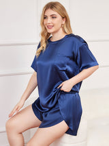 [Dunkelblau] SilkSilky-DE Reine Seide Kurzärmelig Rundkragen Damen Pyjamas Große Größen 004