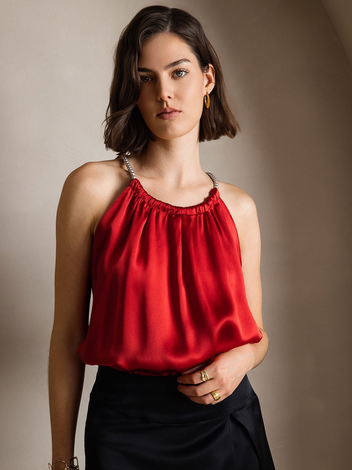 [Rotwein] SilkSilky-DE 19Momme Seide Ärmellos Rundkragen Cami Top 001