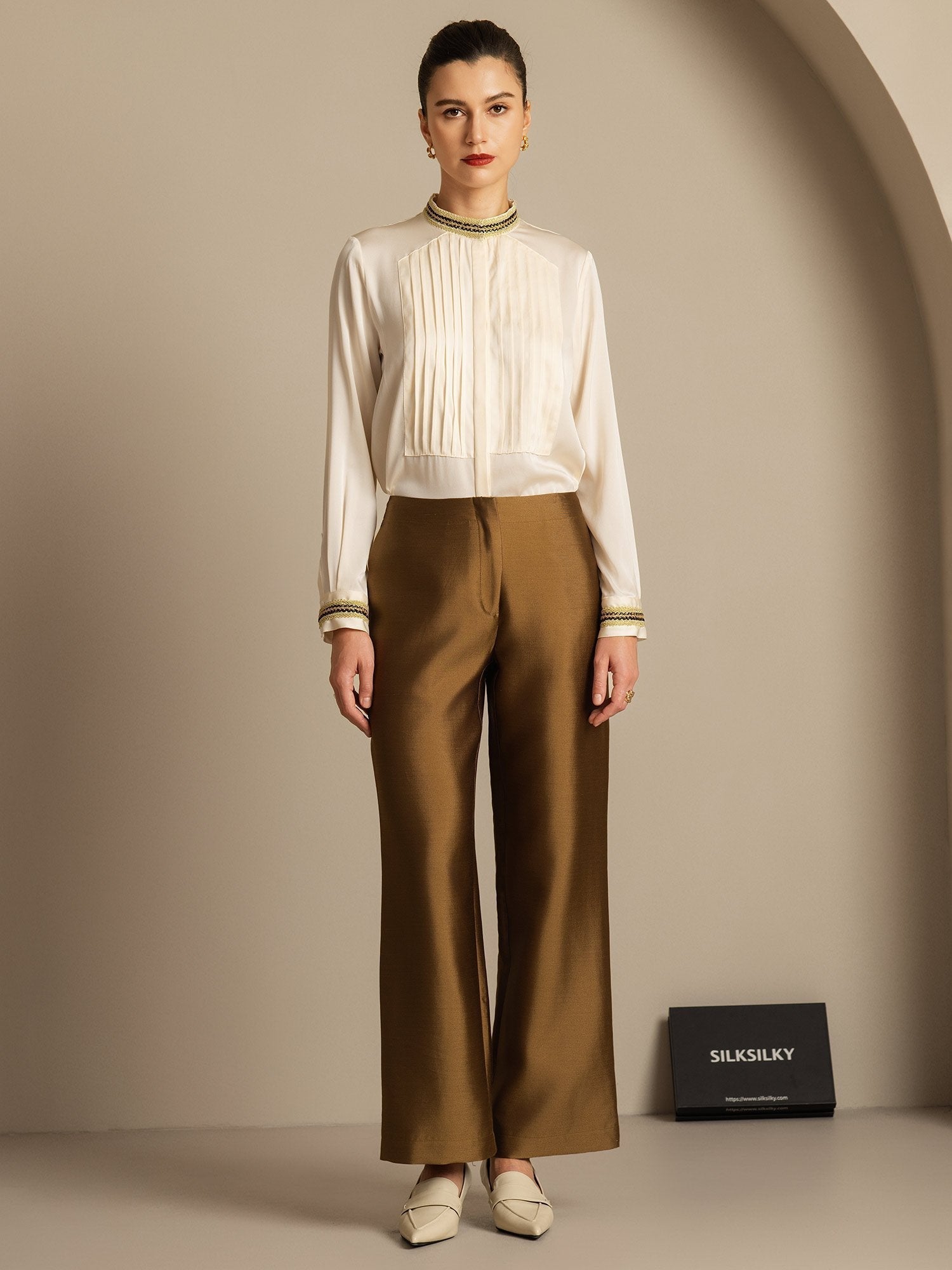 [Bronze] SilkSilky-DE 32Momme Silk-Wool Blend Womens Pants 005,