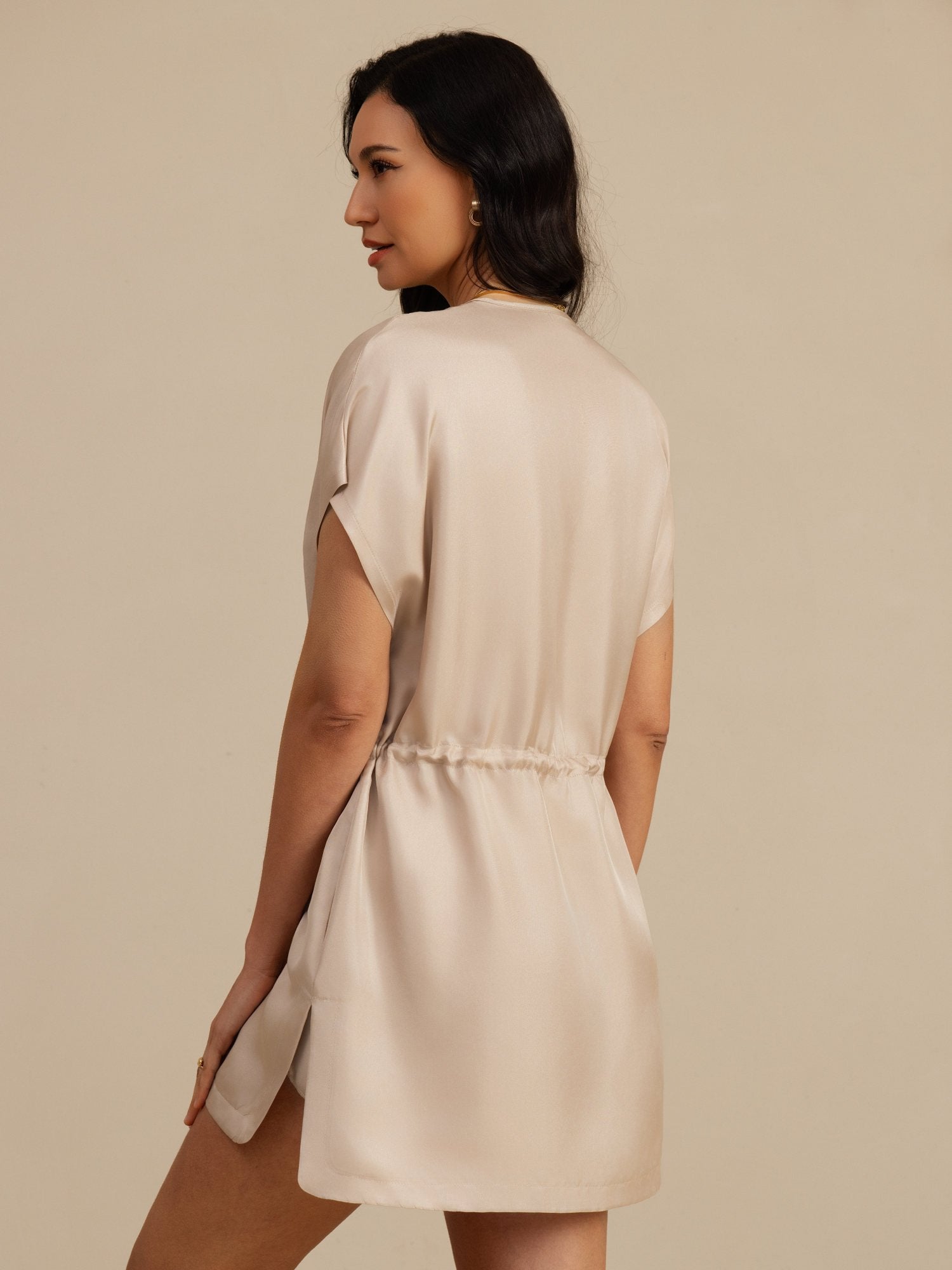 [Tan] SilkSilky-DE 18Momme Kappenärmel Henley-Ausschnitt Kleider 002