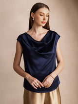 [Dunkelblau] SilkSilky-DE Cap Sleeve Cowl Neck T-Shirt 001