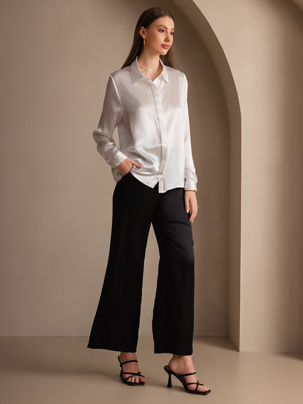 [Weiß] SilkSilky-DE 19Momme Seide Lapel Collar Damenhemd 008