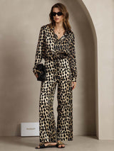 [Leopard] SilkSilky-DE 19Momme Seide Umlegekragen Women''s Outfit Sets 005