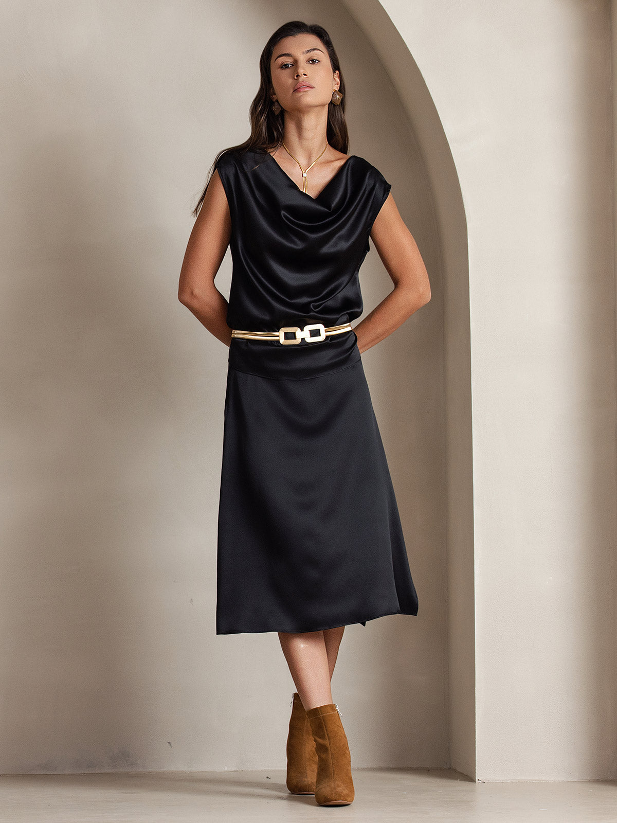 [Schwarz] SilkSilky-DE 19Momme Seide Ärmellos Wasserfallausschnitt T-Shirt 005