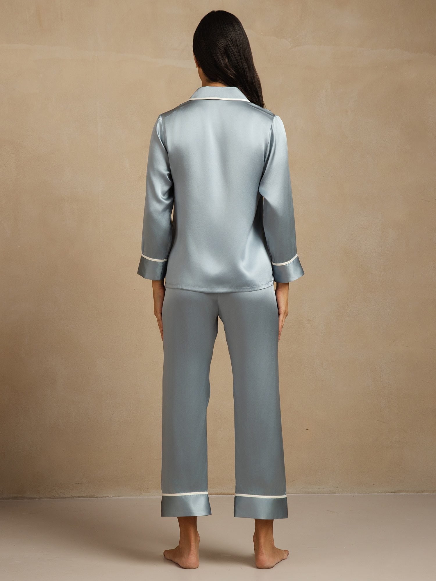 [Graublau] SilkSilky-DE Reine Seide Umlegekragen Damen Pyjamas 002