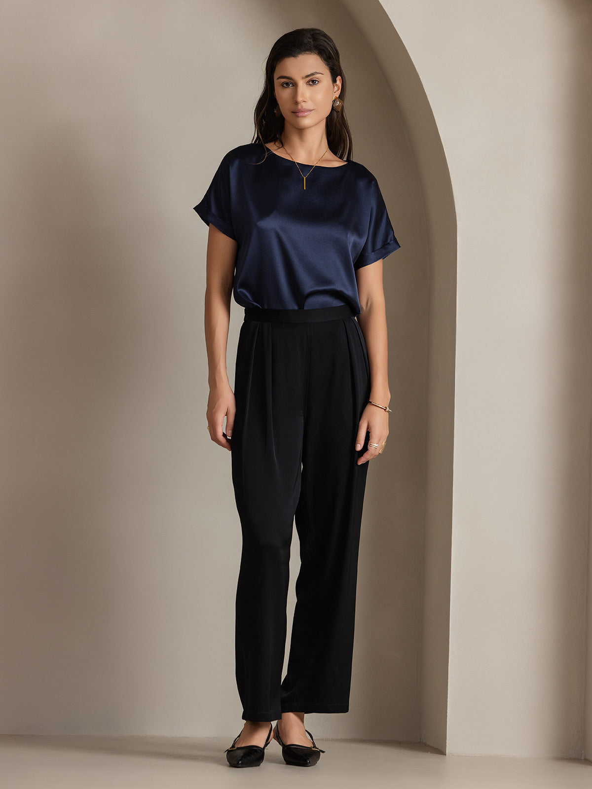 [Dunkelblau] SilkSilky-DE 19Momme Seide Womens T-Shirt 005
