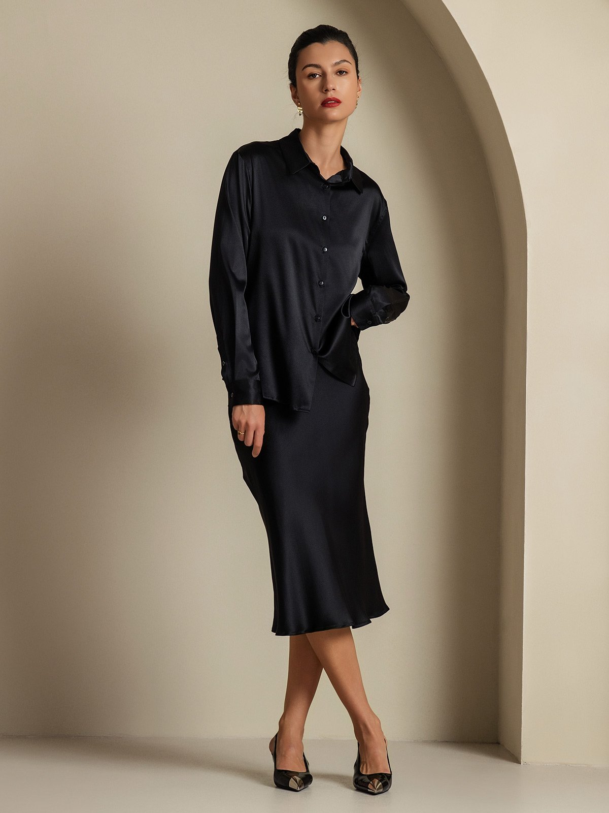 [Schwarz] SilkSilky-DE 19Momme Seidenstrick Umlegekragen Women''s Outfit Sets 001,