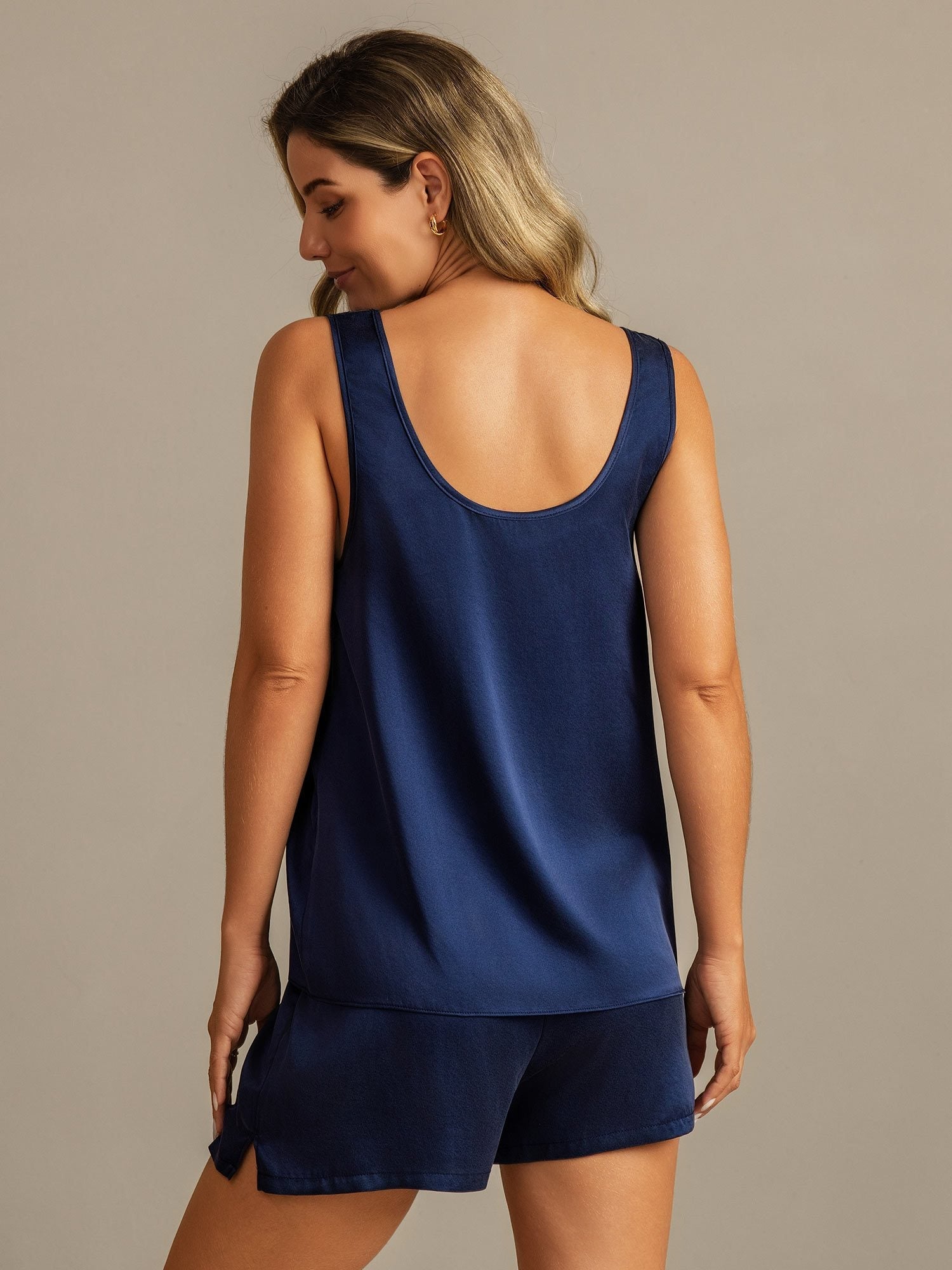 [Dunkelblau] SilkSilky-DE 19Momme Seide U Ausschnitt Damen Pyjamas 002