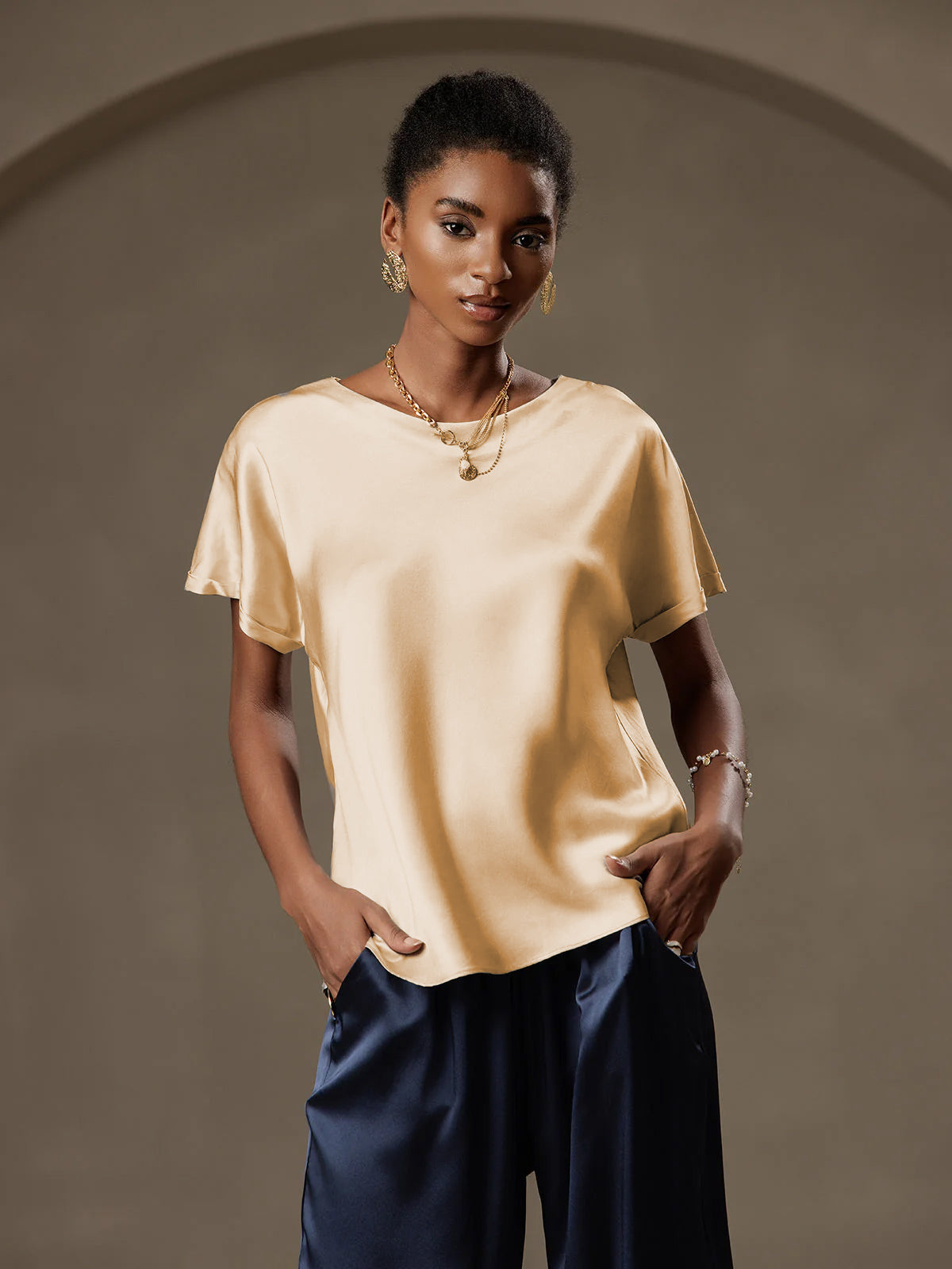 [Champagner] SilkSilky-DE 19Momme Seide Womens T-Shirt 001