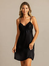 [Schwarz] SilkSilky-DE Spaghettiträger V Neck Nachthemden 004