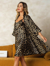[Leopard] SilkSilky-DE Reine Seide V Ausschnitt Nachthemd&Morgenmantel Set 004,