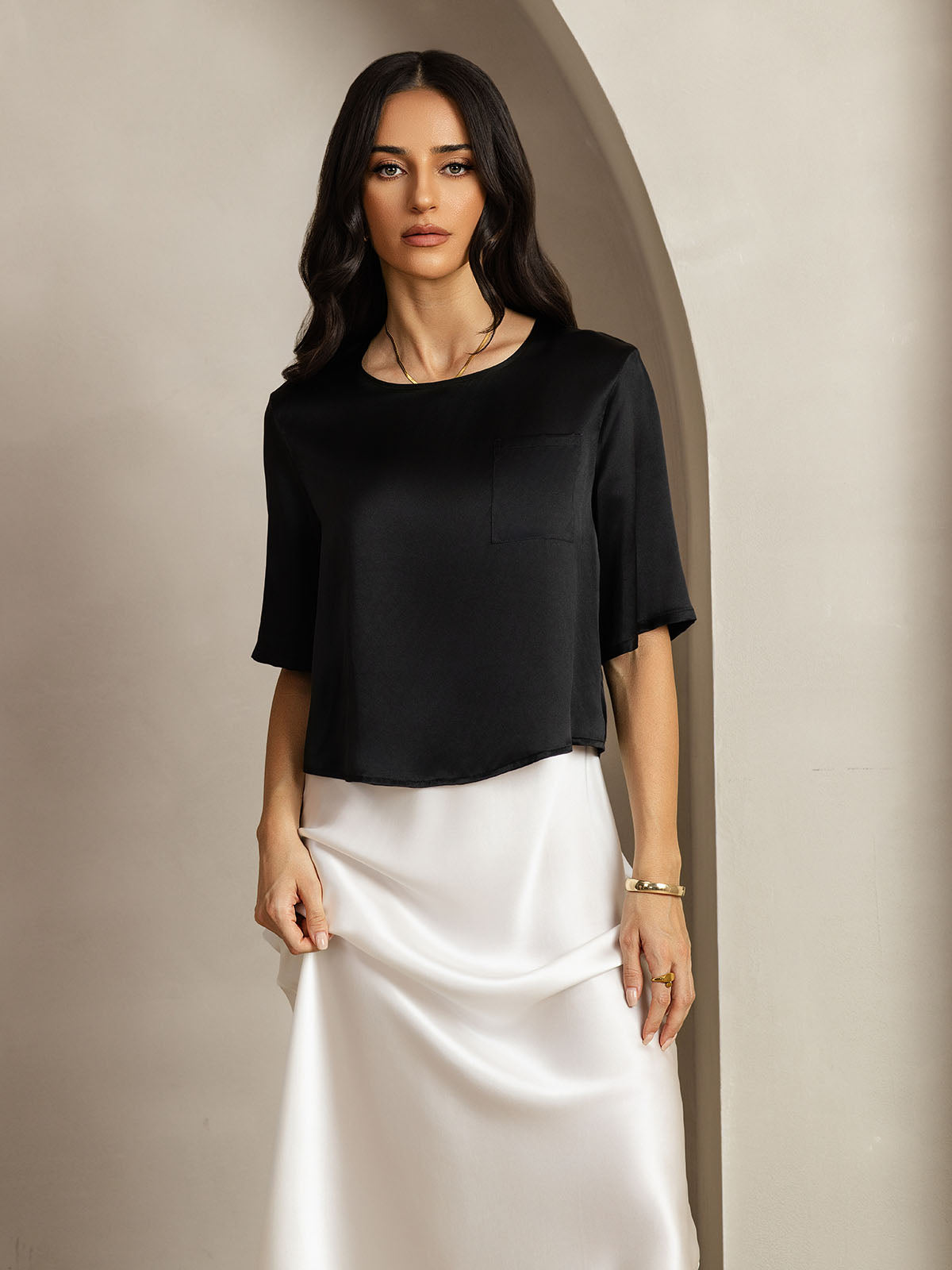 [Schwarz] SilkSilky-DE Reine Seide Womens T-Shirt 004