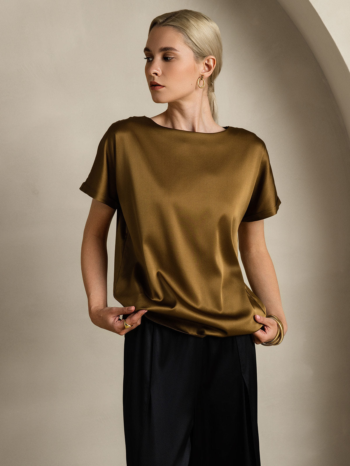 [Braun] SilkSilky-DE 19Momme Seide Womens T-Shirt 004