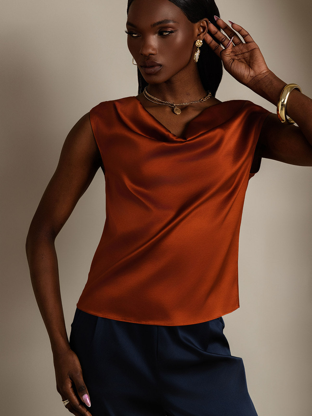 [Karamell] SilkSilky-DE 19Momme Seide Ärmellos Wasserfallausschnitt T-Shirt 006