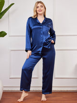 [Dunkelblau] SilkSilky-DE Langärmelig Damen Pyjamas Große Größen 003