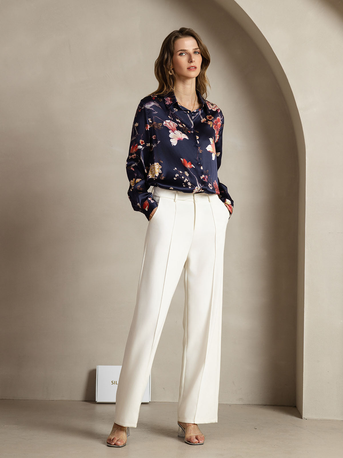 [Marine Blumen] SilkSilky-DE Seide Umlegekragen Damenhemd 003