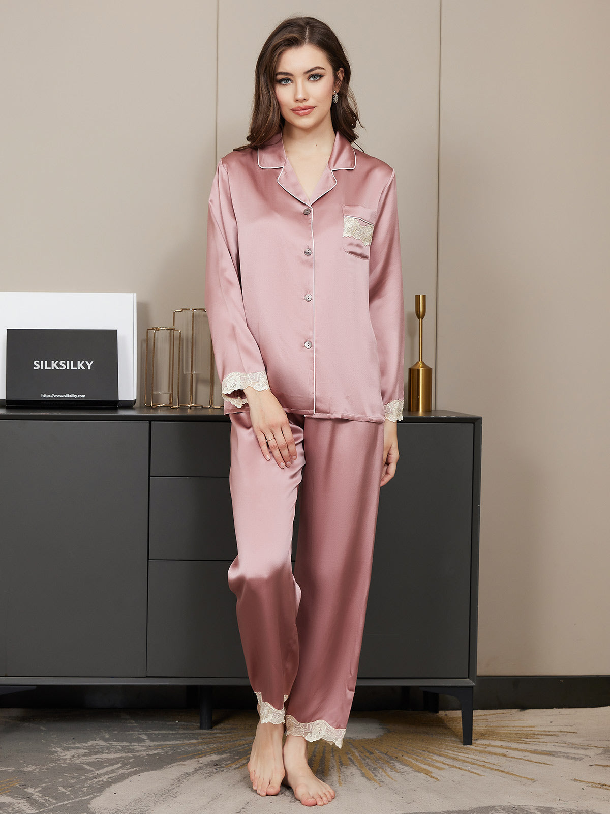 [Blasses Mauve] SilkSilky-DE Reine Seide Womens Pajamas 005