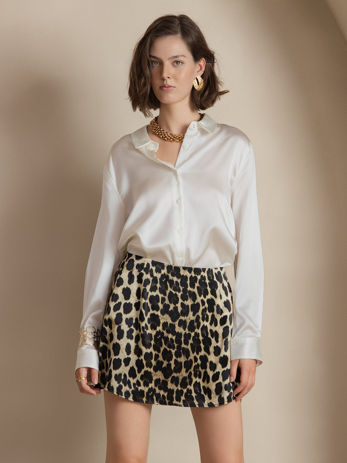 [Weiß] SilkSilky-DE Seide Langärmelig Umlegekragen Damenhemd 001