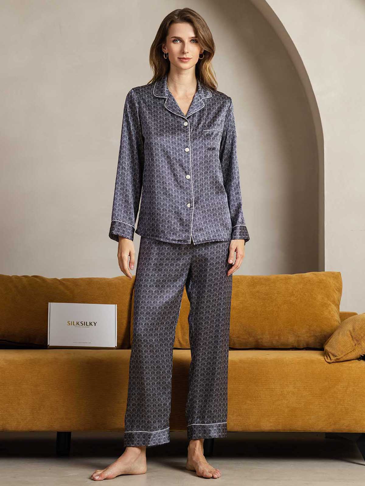 [Marine Ginkgo] SilkSilky-DE Reine Seide Womens Pajamas 001
